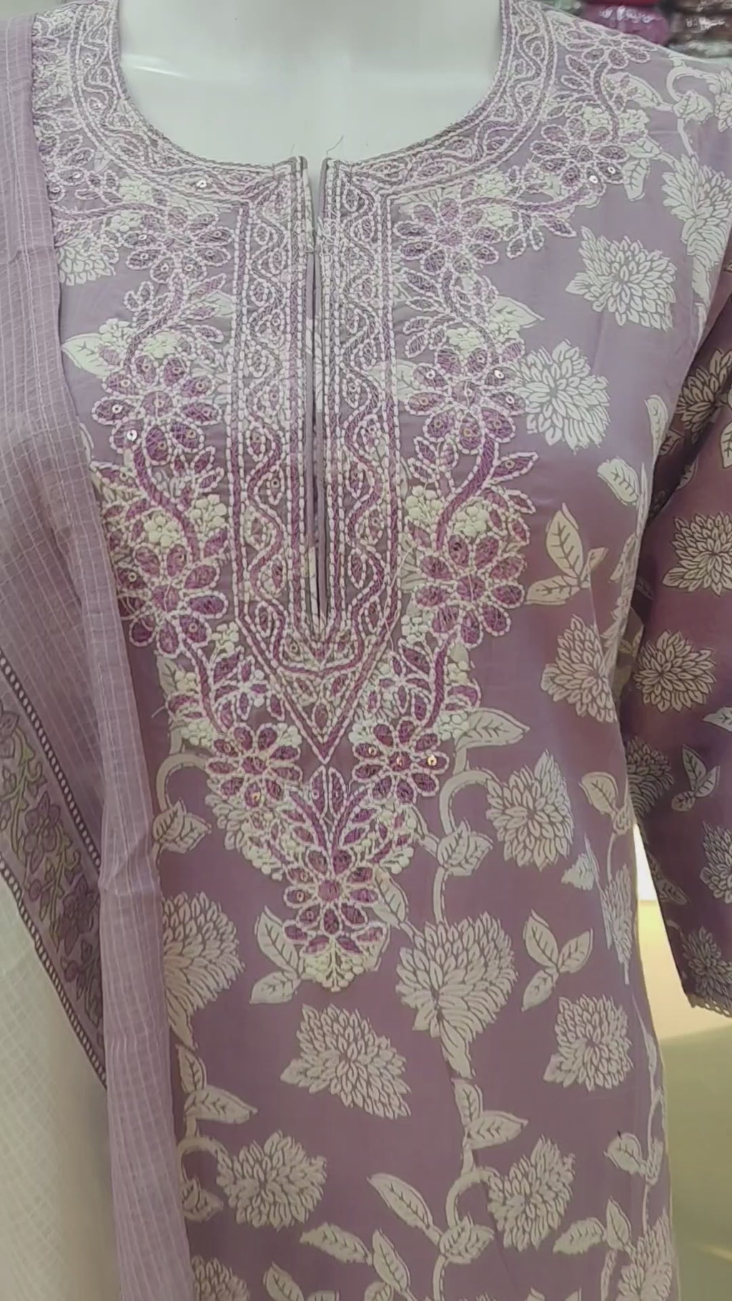 Lavender Floral Printed Cotton Kurta Set with Embroidered Neckline & Dupatta