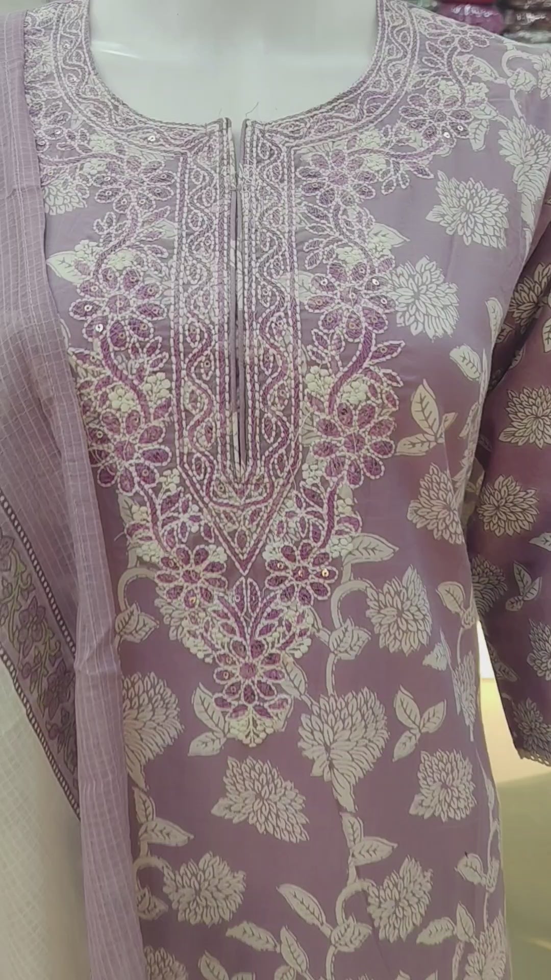 Lavender Floral Printed Cotton Kurta Set with Embroidered Neckline & Dupatta