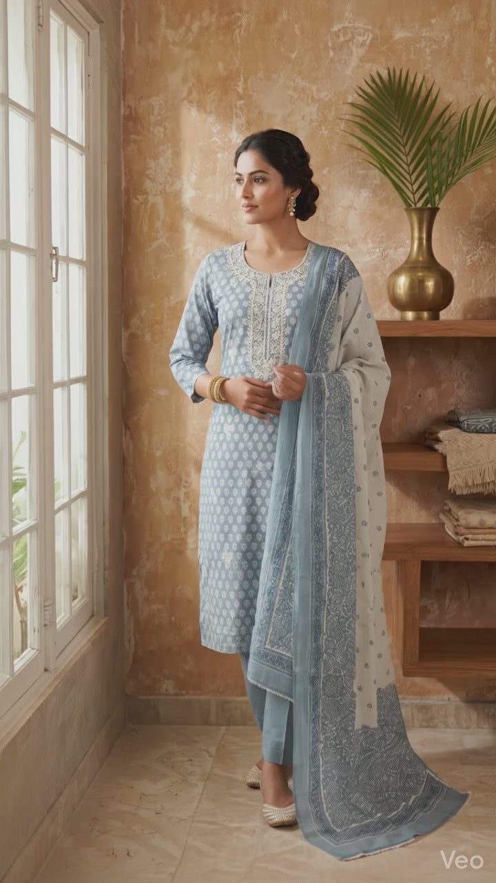 Powder Blue Handblock Printed Cotton Suit Set with Embroidered Neckline & Dupatta