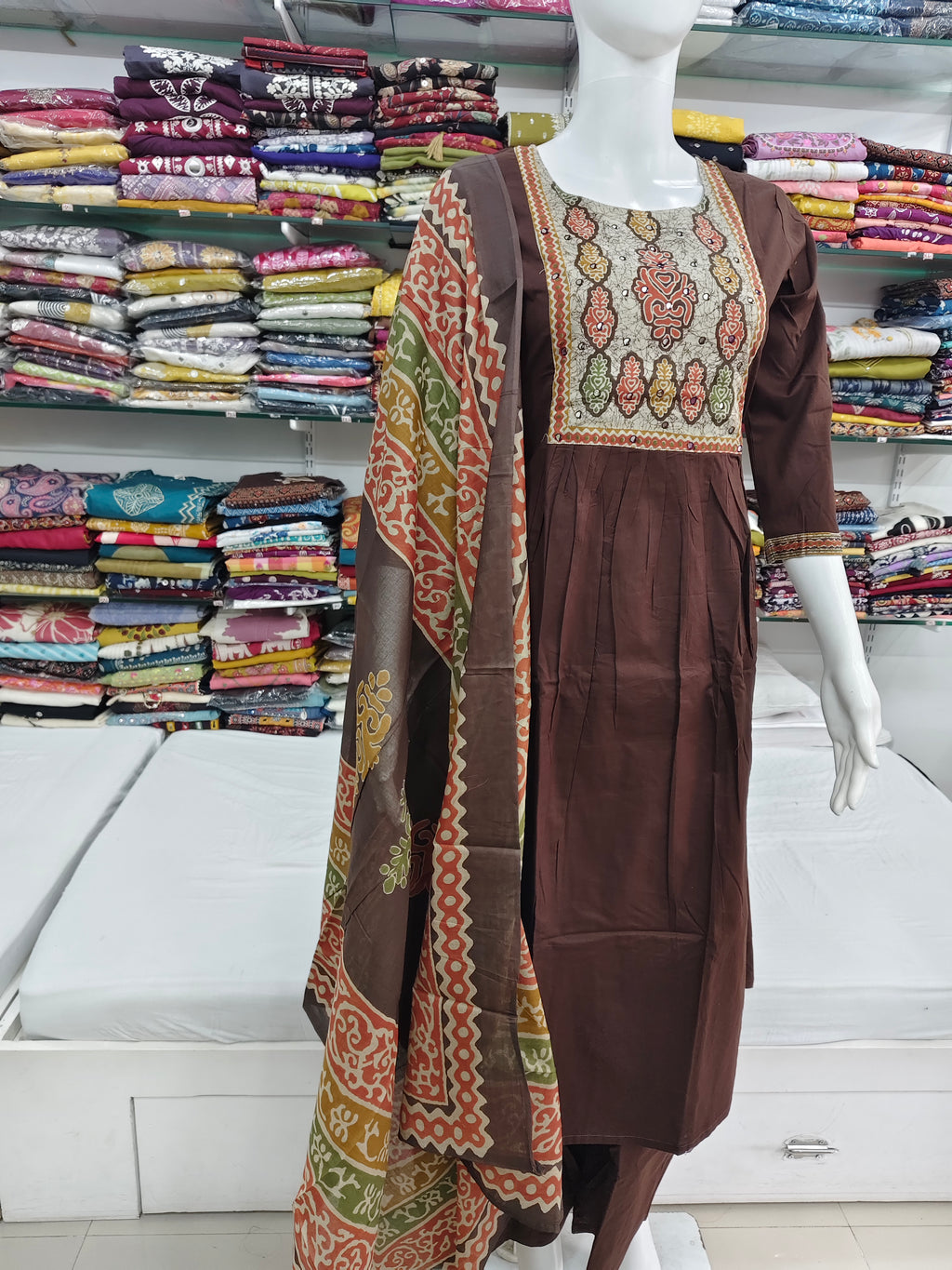 Elegant Brown Cotton Kurti Set with Printed Dupatta & Bottom