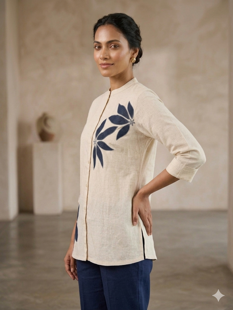 Women’s Cotton Flex Floral Embroidered Short Top – Off White & Navy Blue