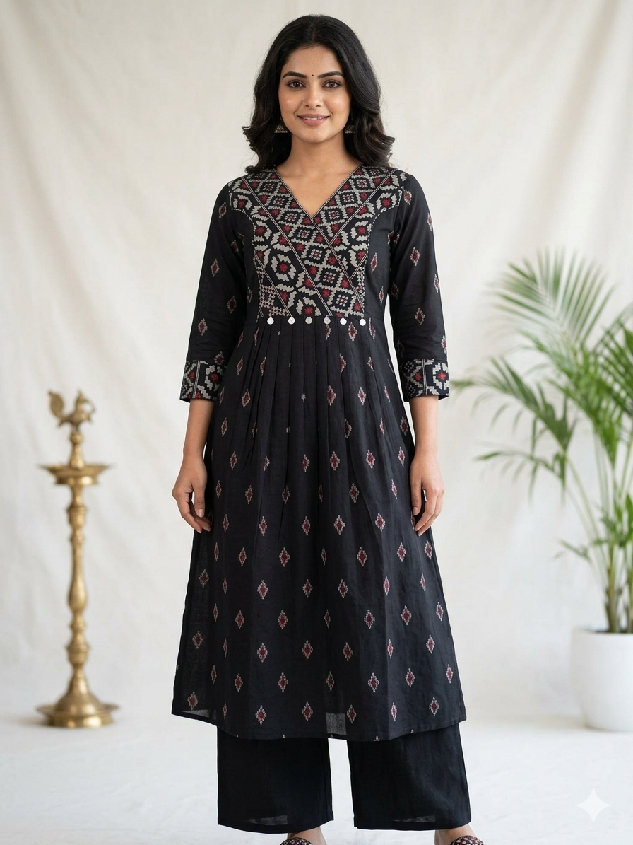 Elegant Black Printed Cotton Kurti with Coin Detail | A-Line Ethnic Dress for Women