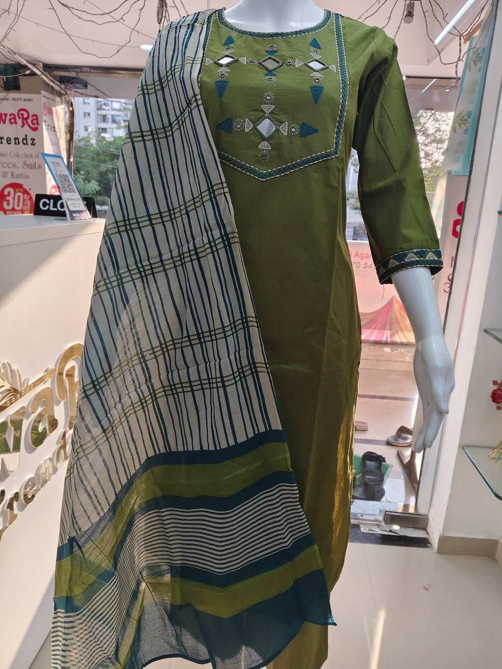 Olive Green Mirror Work Cotton Kurta Pant Dupatta Set for Women
