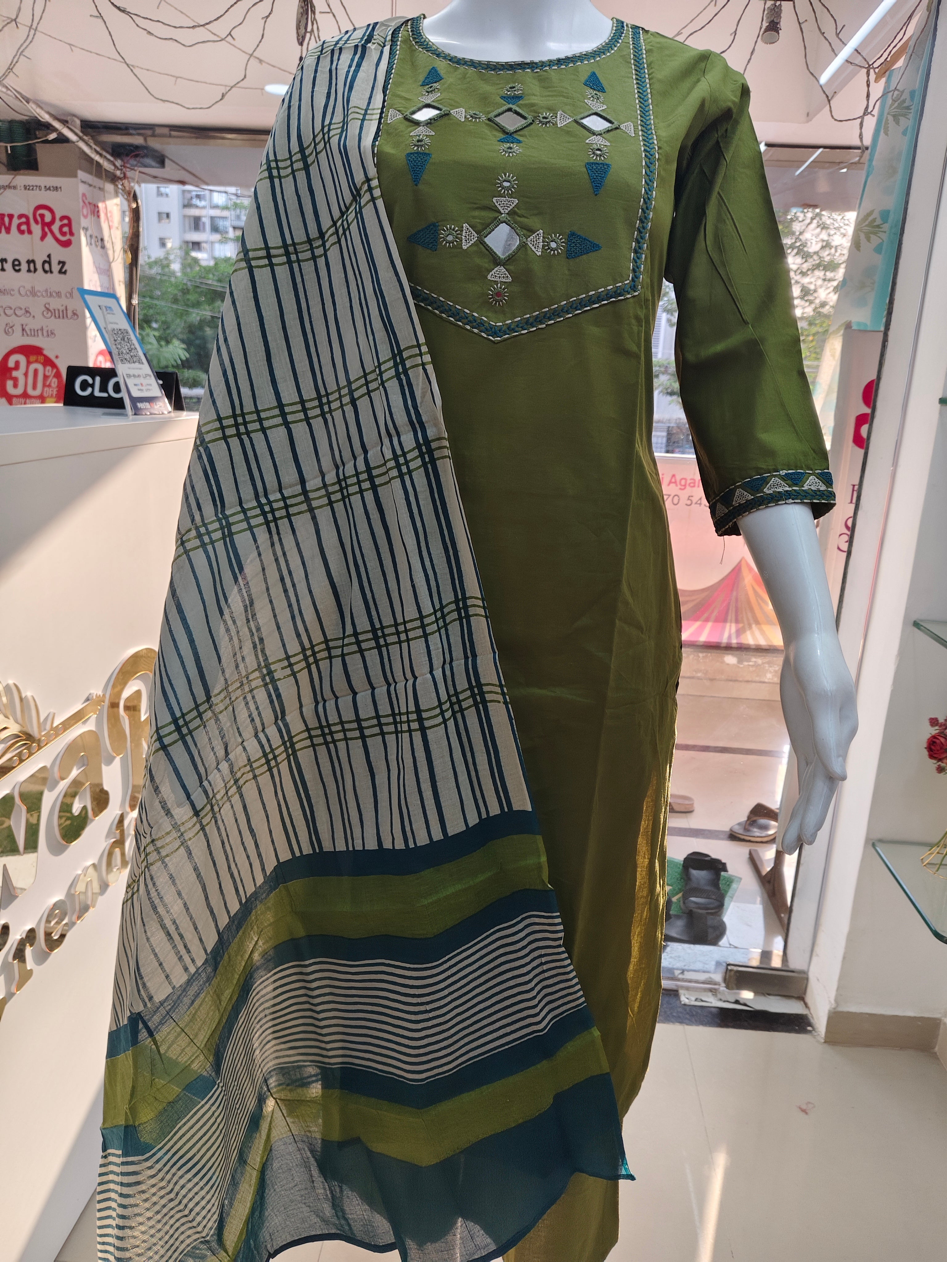 Olive Green Mirror Work Cotton Kurta Pant Dupatta Set for Women