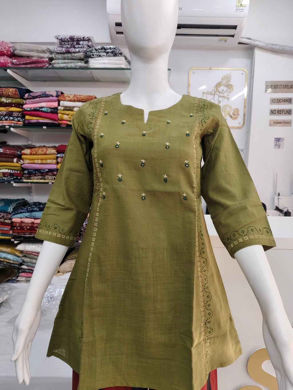 Olive Green Cotton Flex Embroidered Short Top
