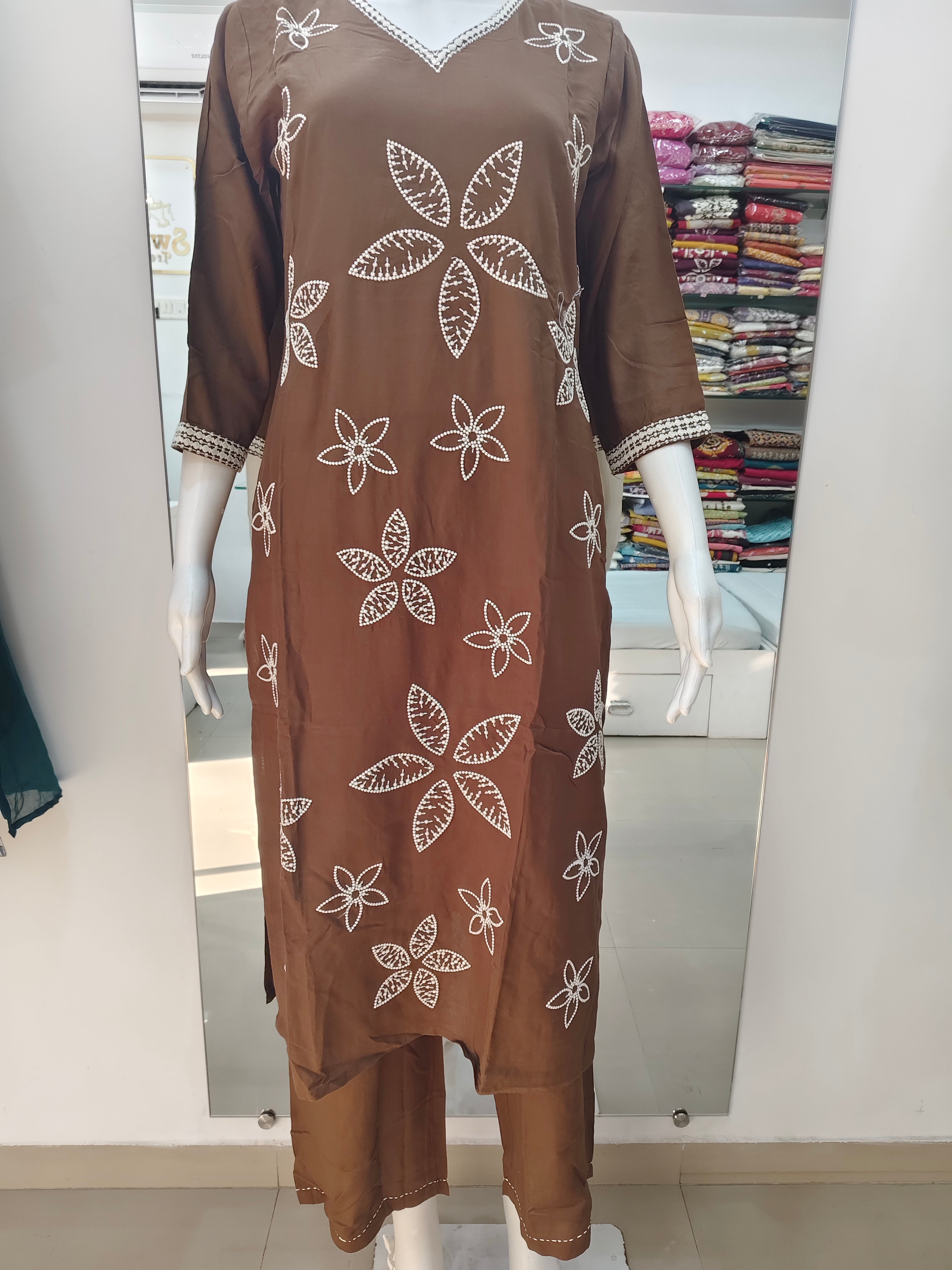 Elegant Chocolate Brown Embroidered 2-Piece Kurta Pant Set