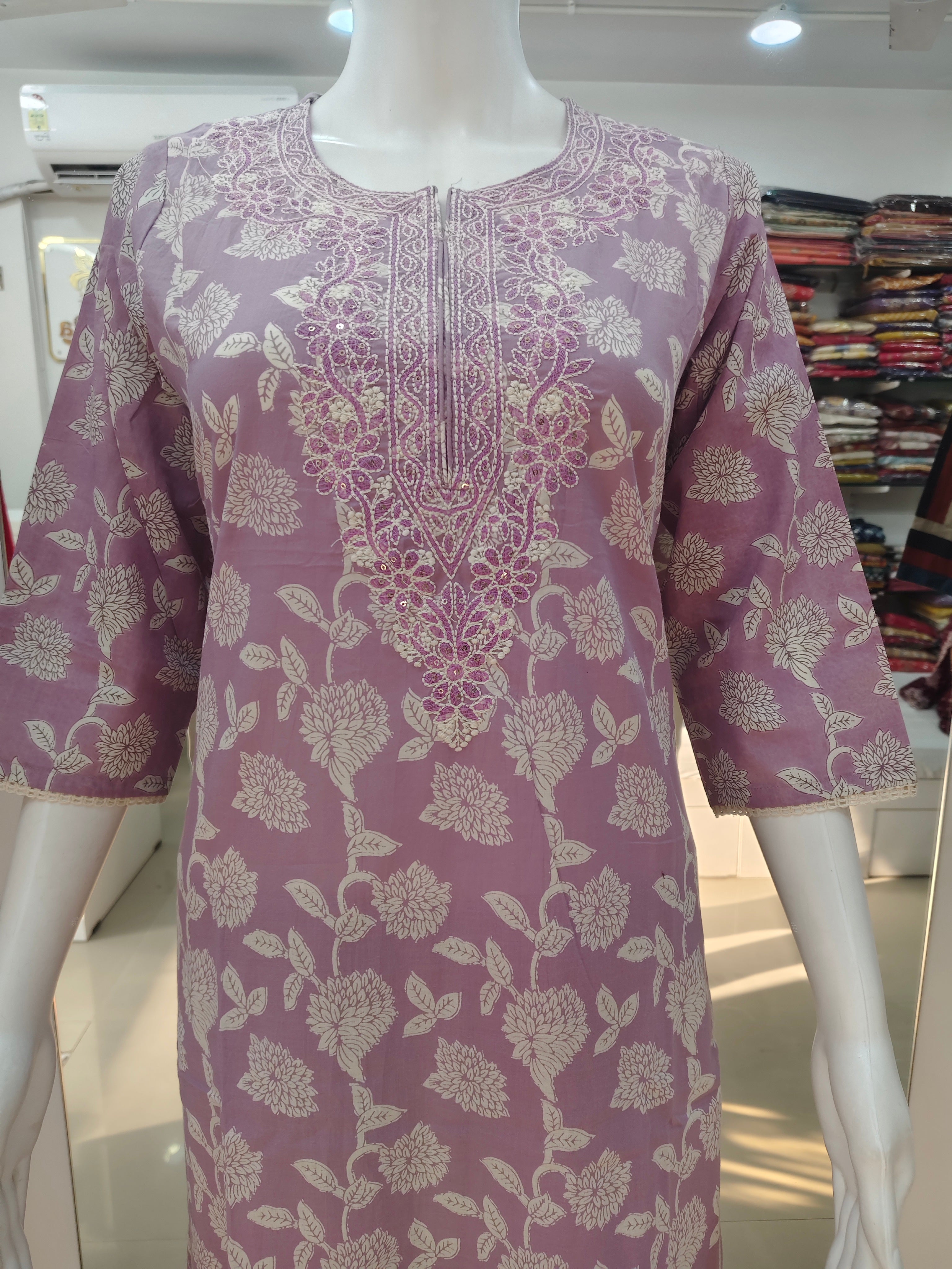 Lavender Floral Printed Cotton Kurta Set with Embroidered Neckline & Dupatta