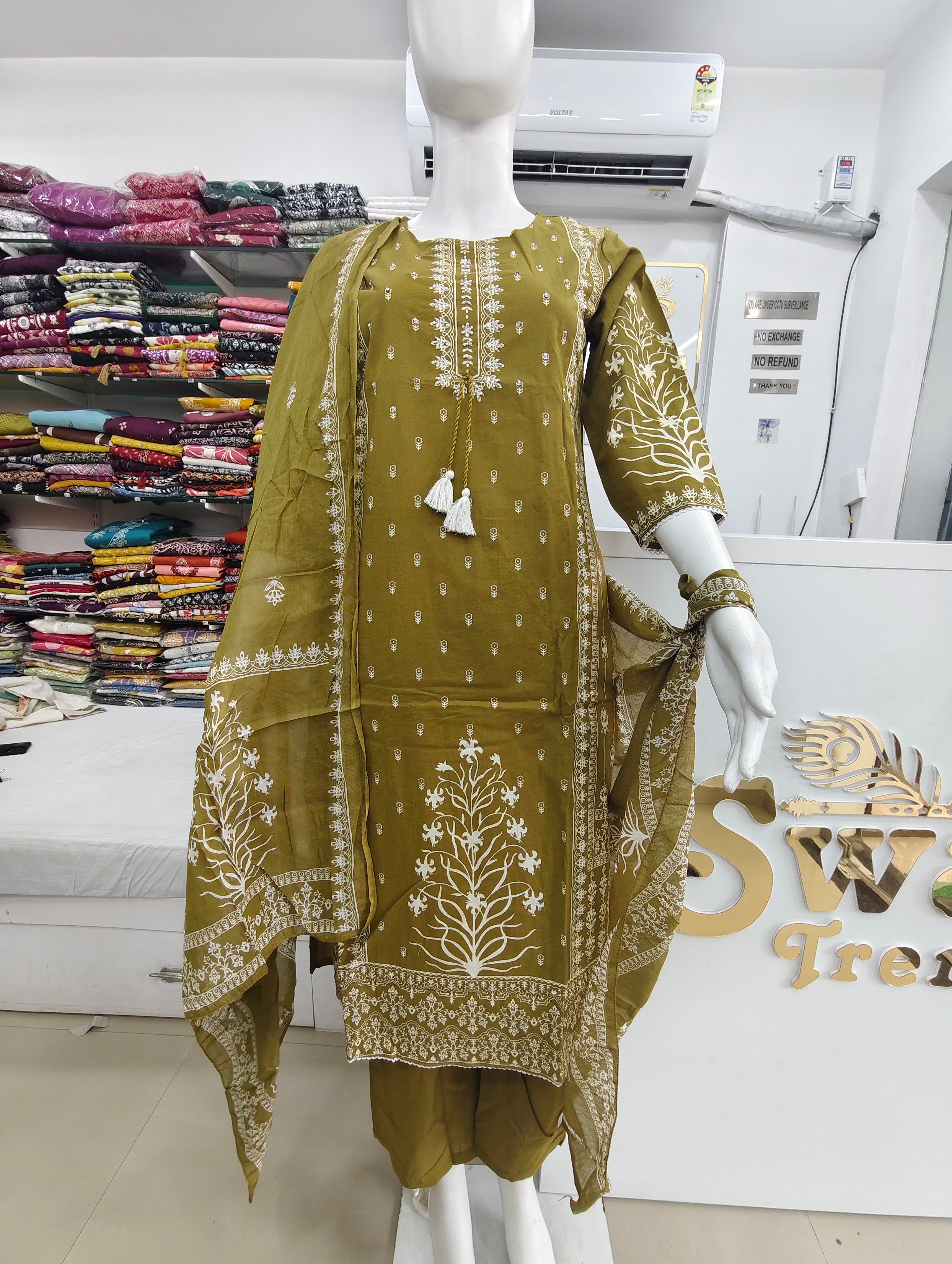 Olive Green Mul Cotton Printed Kurta Set with Dupatta | 3 Piece Ethnic Suit Set