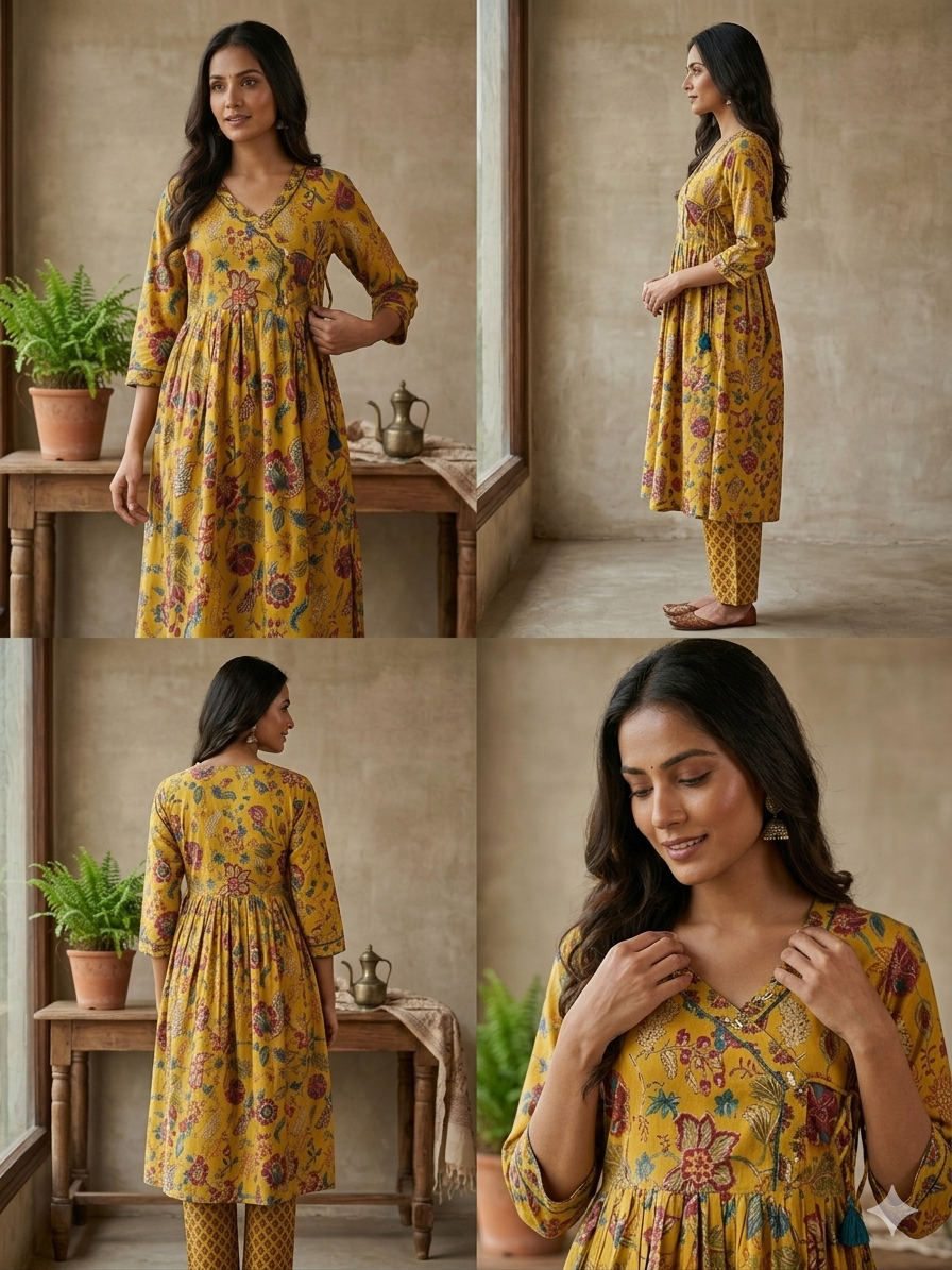 Mustard Yellow Floral Cotton Kurti with Printed Pant (2-Piece Set)