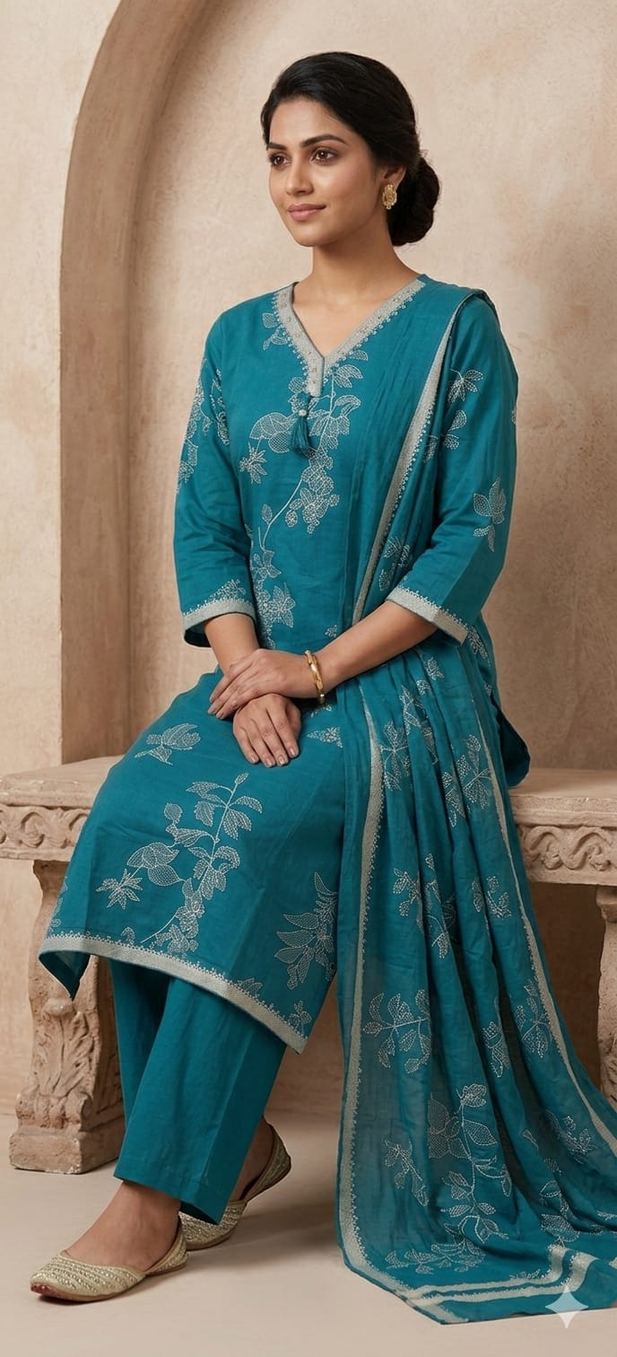 Teal Blue Mul Cotton Floral Printed Kurta Pant Dupatta Set for Women | Elegant Ethnic 3 Piece Suit