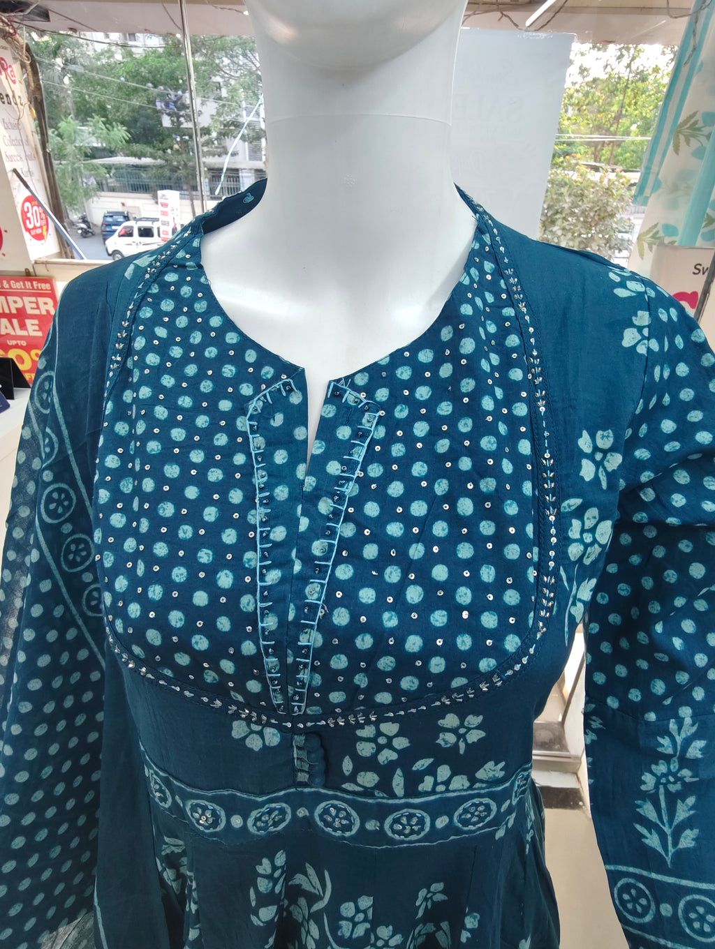 Teal Blue Handblock Printed Cotton Anarkali Suit Set with Dupatta | 3 Piece Ethnic Set