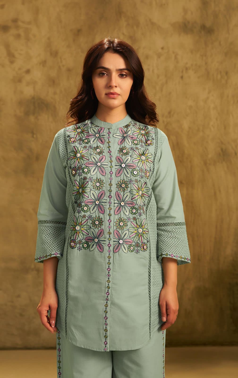 Sage Pastel Green Embroidered and Crochet Co-Ord Set