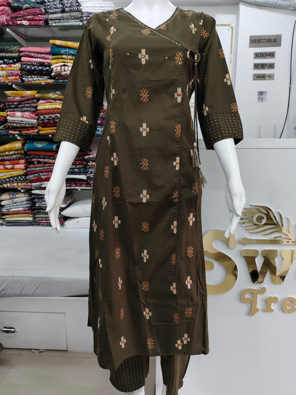 Olive Green Handblock Printed Angrakha Cotton Kurta Set with Dupatta