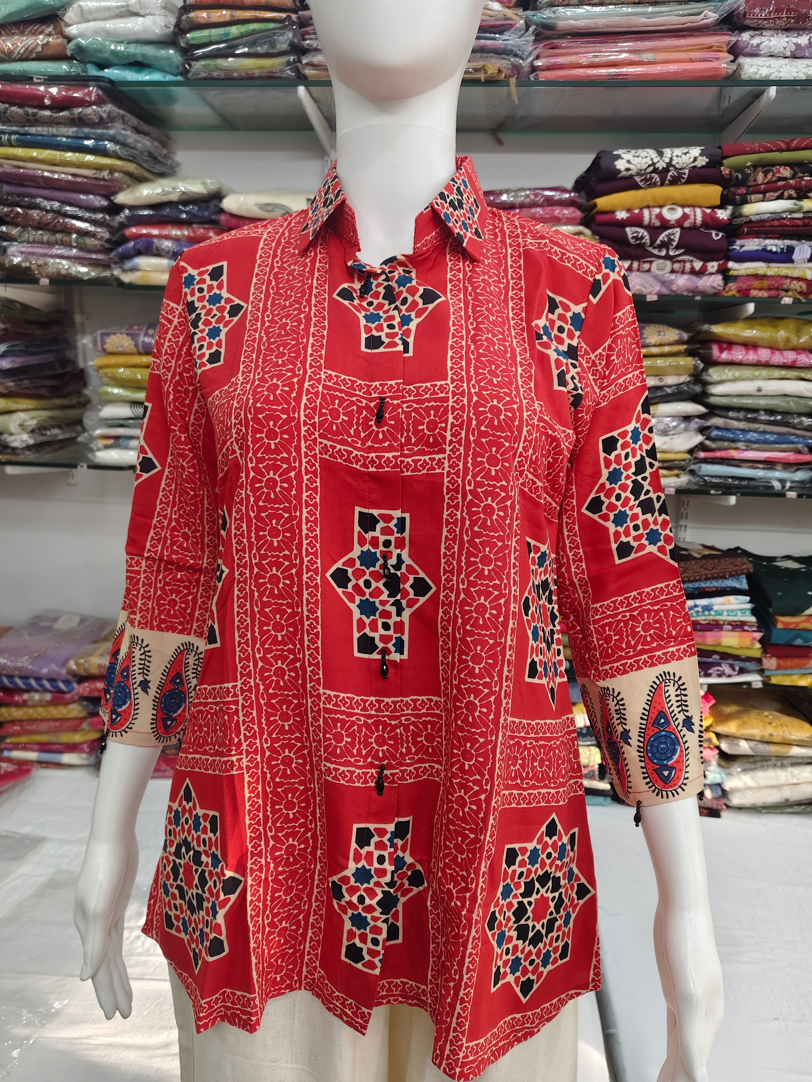 Stylish Red Viscose Printed Short Top with Shirt Collar & Designer Sleeves