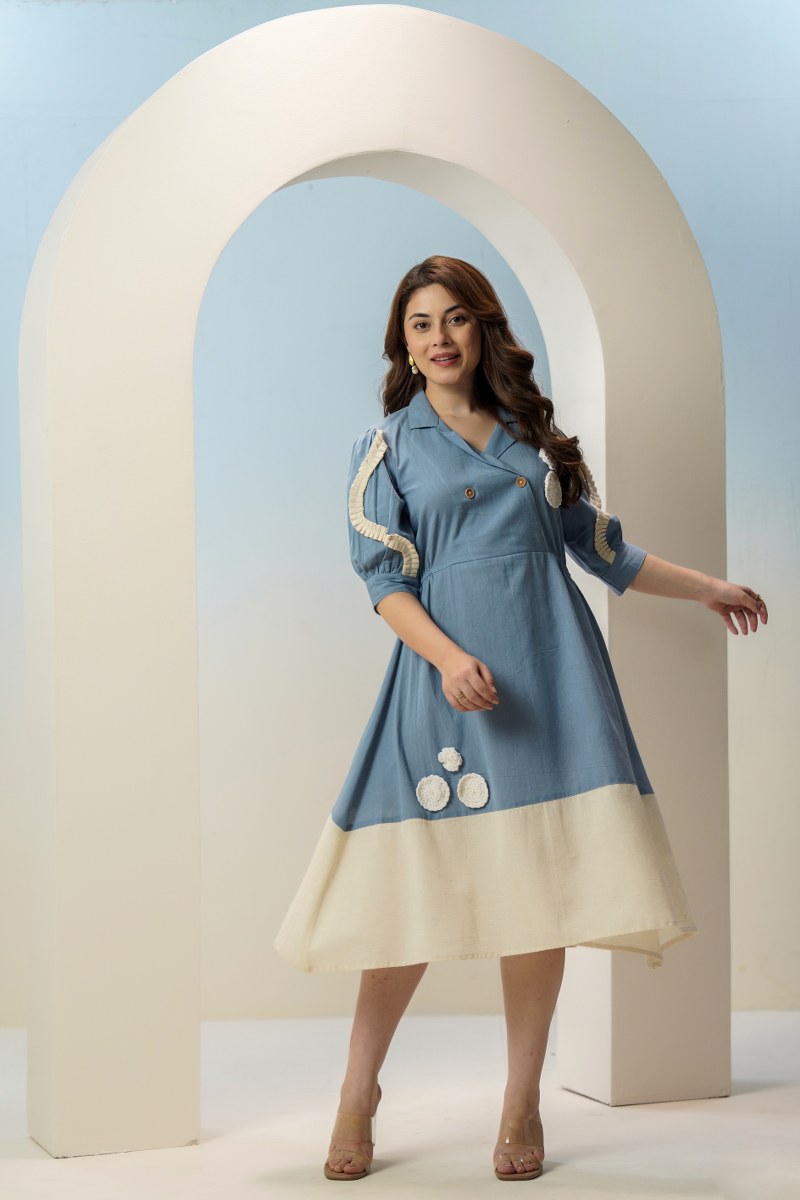 Women’s Blue A-Line Cotton Dress with Floral Appliqué – Stylish Casual Midi Dress for Women