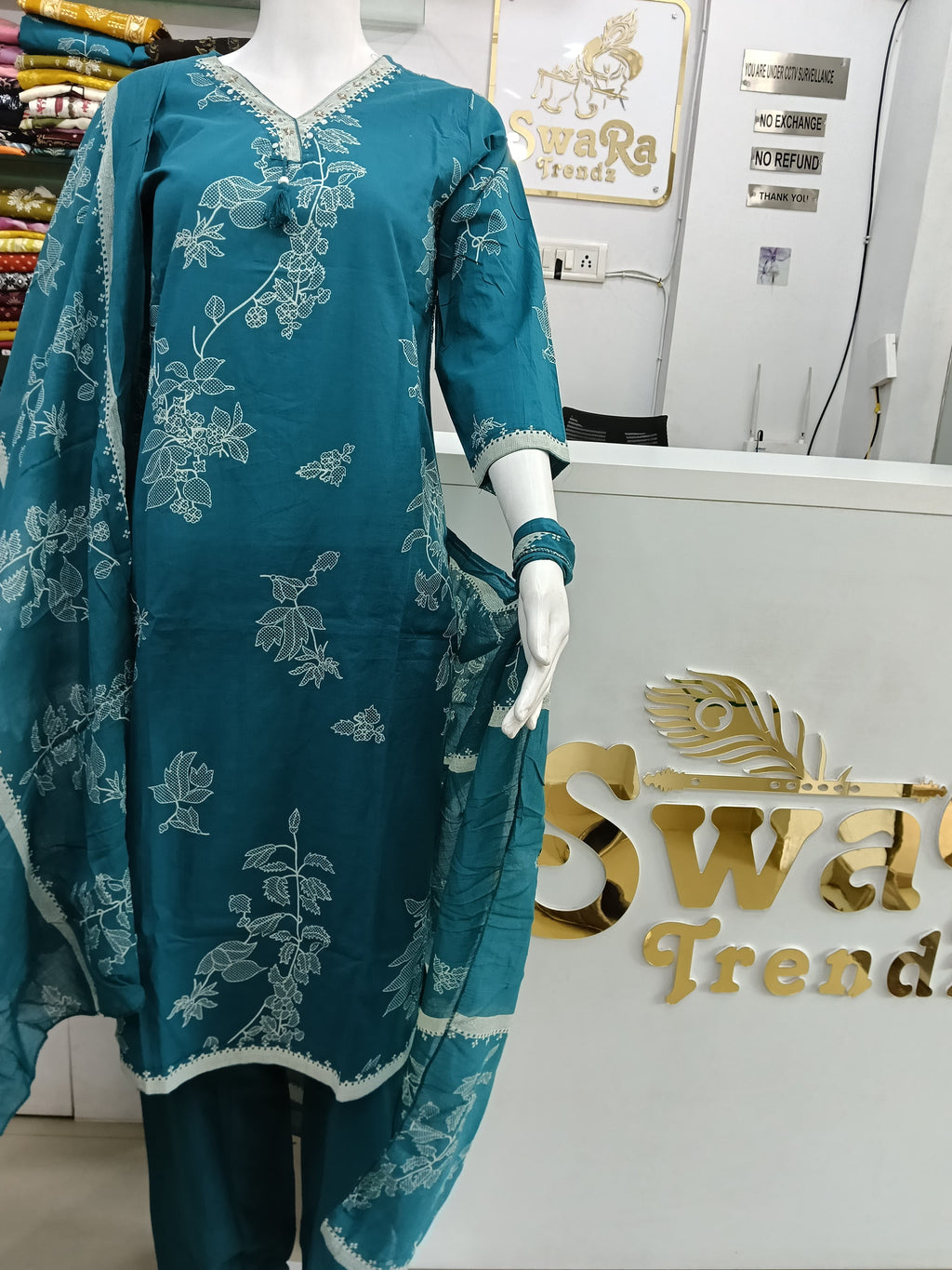 Teal Blue Mul Cotton Floral Printed Kurta Pant Dupatta Set for Women | Elegant Ethnic 3 Piece Suit