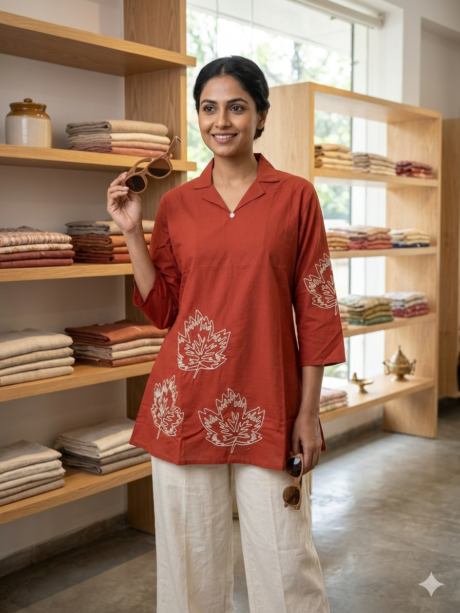Rust Red Cotton Short Top with Leaf Embroidery | Casual A-Line Tunic for Women