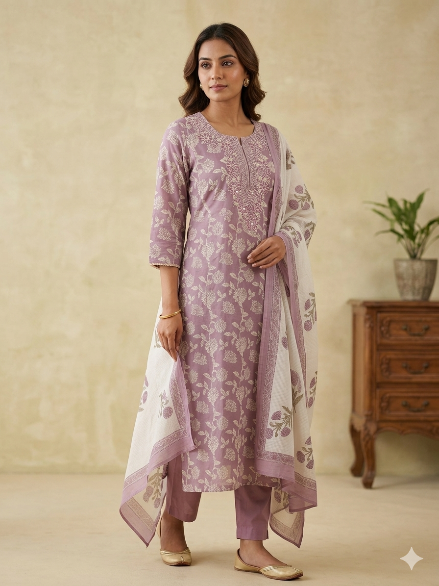 Lavender Floral Printed Cotton Kurta Set with Embroidered Neckline & Dupatta