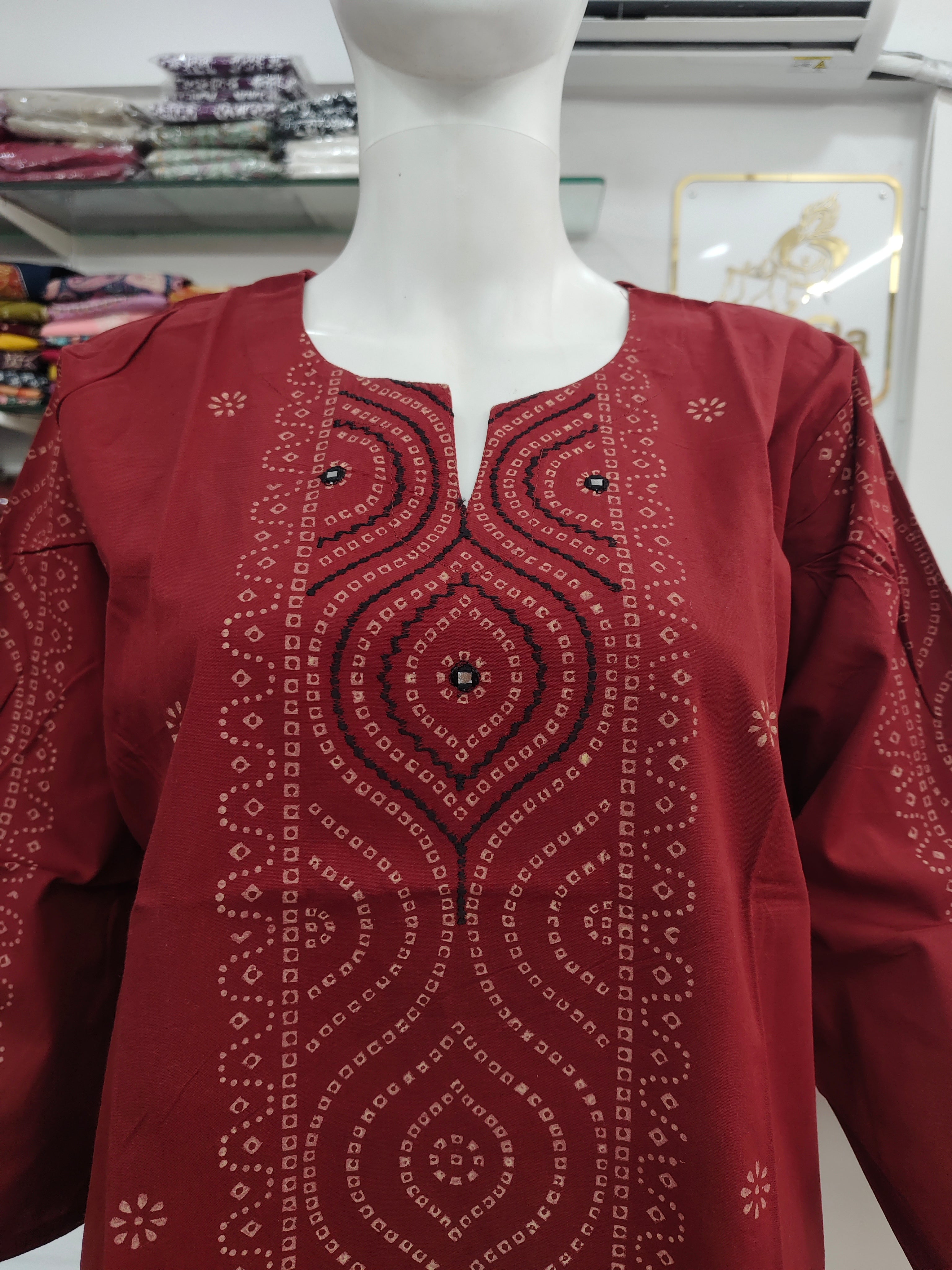 Maroon Cotton Flex embroidery and handboocked Short Top (3XL to 5XL) – Elegant Ethnic Casual Wear