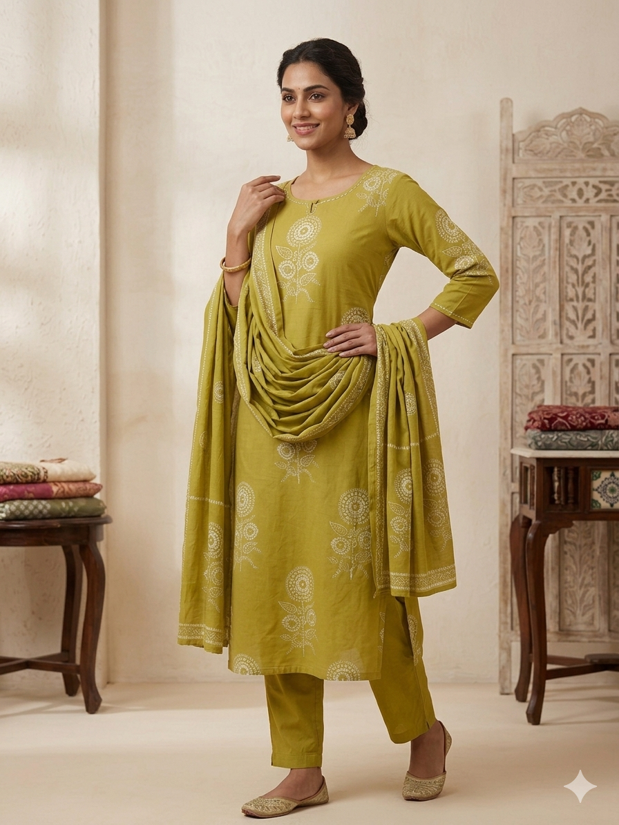 Mustard Yellow Floral Printed Kurta Set with Dupatta | 3 Piece Ethnic Suit Set