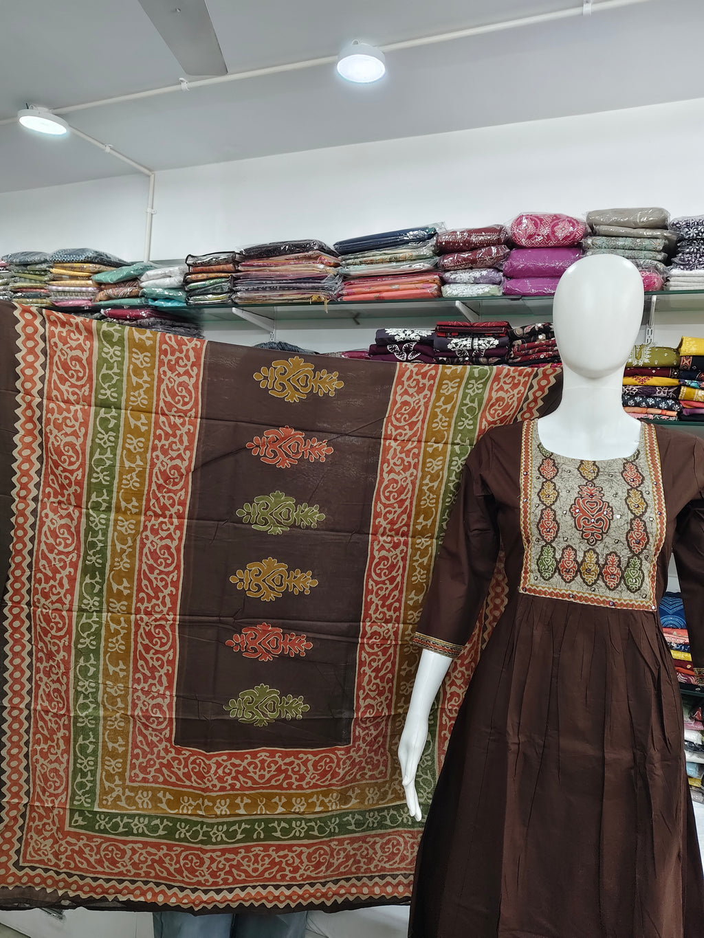 Elegant Brown Cotton Kurti Set with Printed Dupatta & Bottom