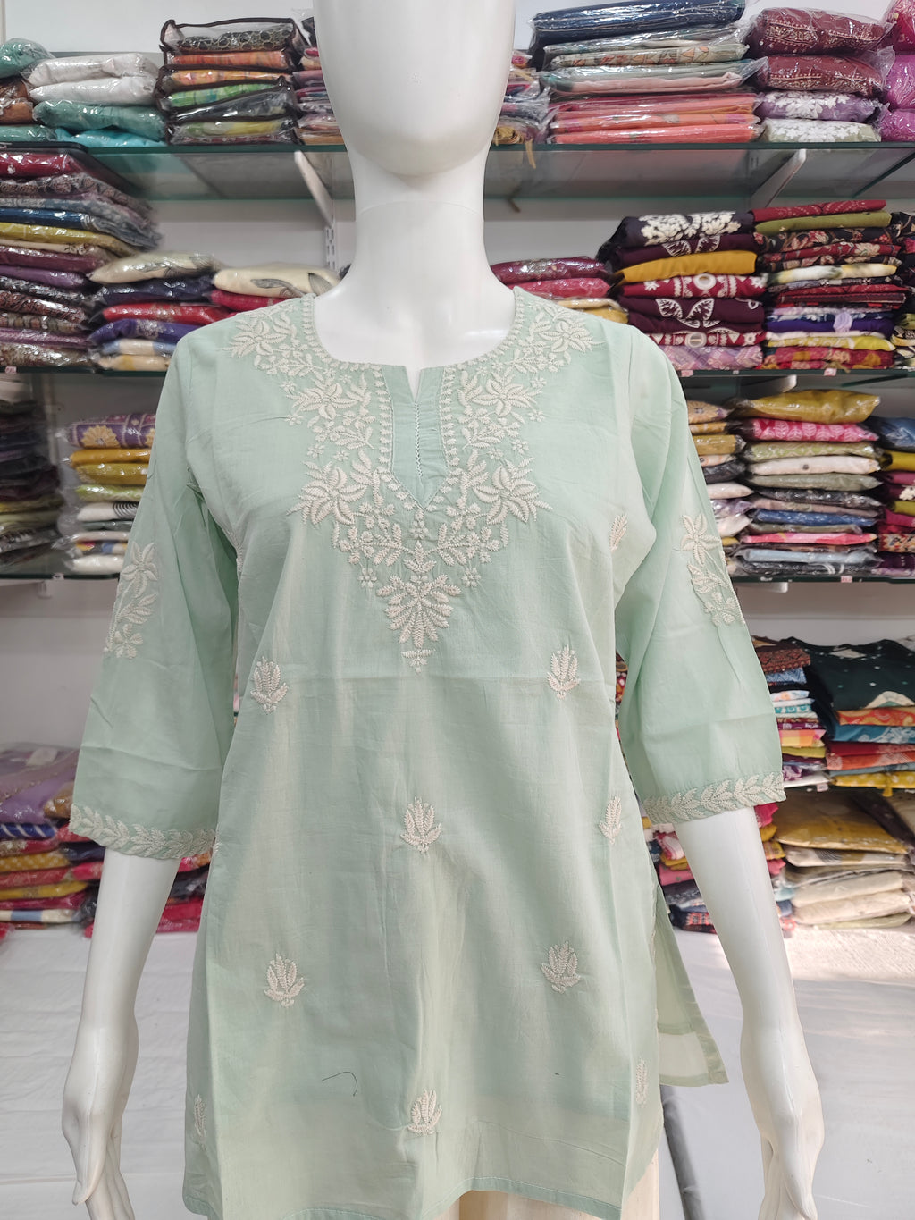 Women’s Mul Cotton Embroidered Short Kurti Top – Pista Green
