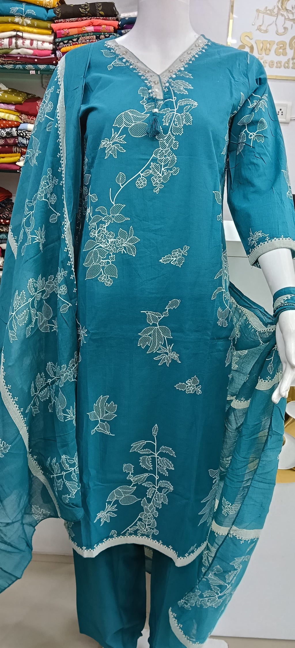 Teal Blue Mul Cotton Floral Printed Kurta Pant Dupatta Set for Women | Elegant Ethnic 3 Piece Suit