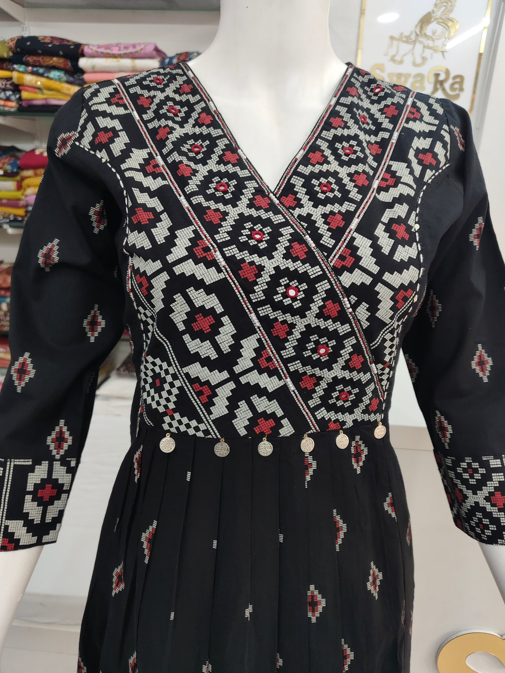Elegant Black Printed Cotton Kurti with Coin Detail | A-Line Ethnic Dress for Women