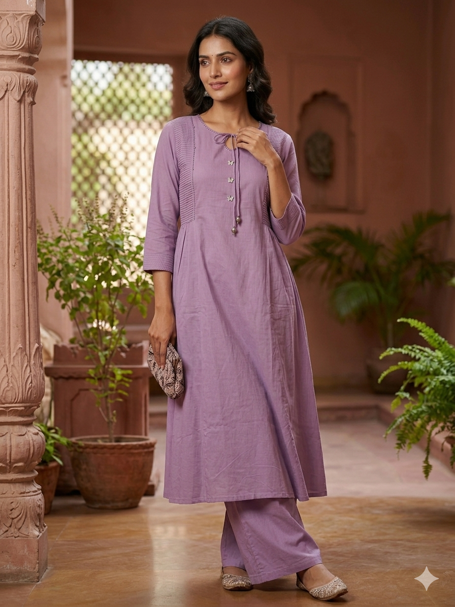 Elegant Cotton Flex 2-Piece Kurti Palazzo Set – Lavender Purple