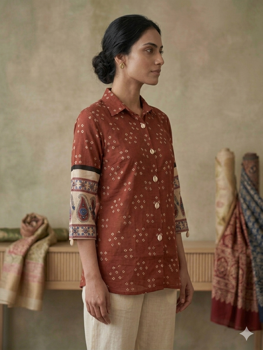 Rust Bandhani Print Viscose Short Top with Designer Sleeves & Collar Neck