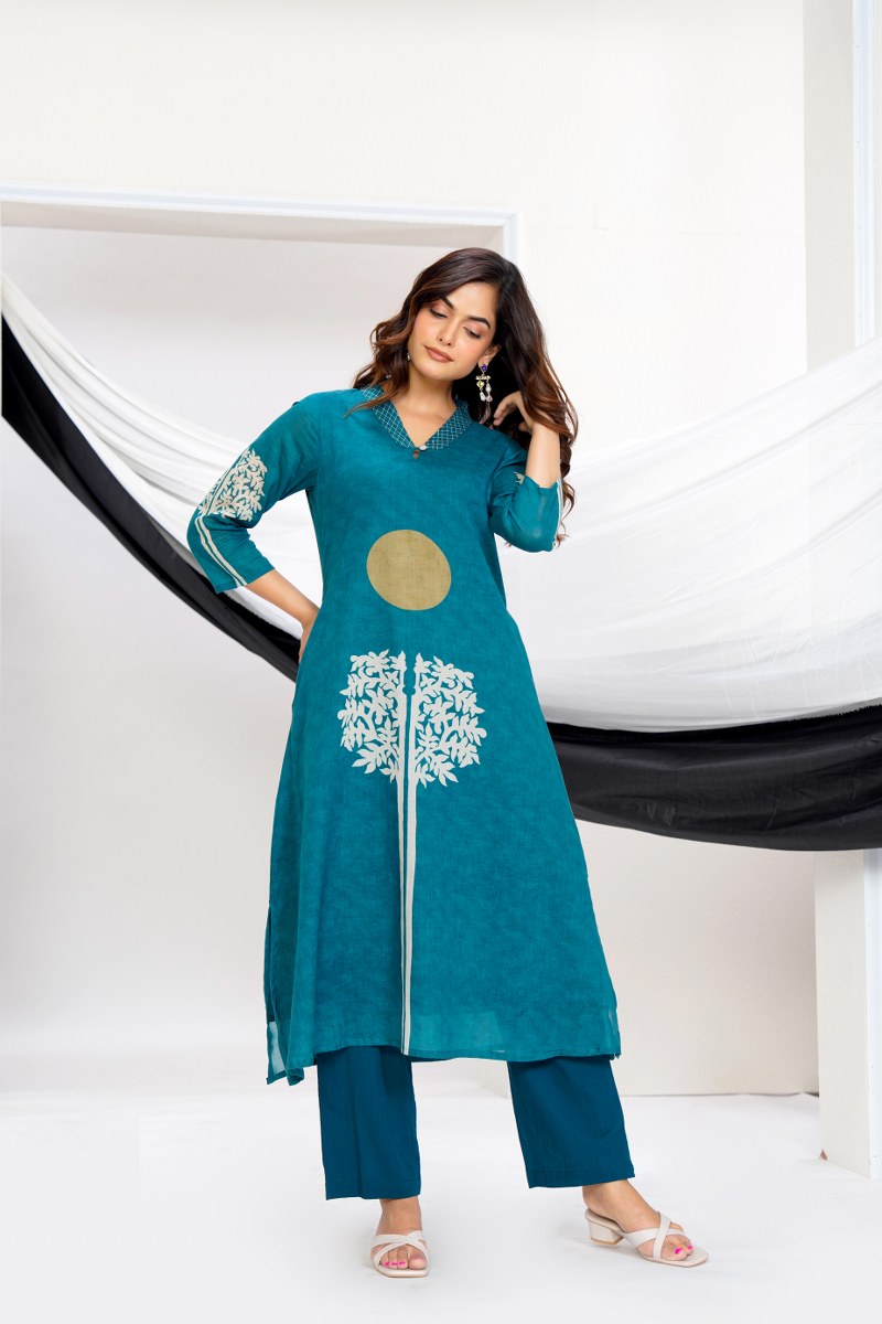 Teal Printed Cotton Kurta Set with Palazzo – Elegant Festive & Casual Wear
