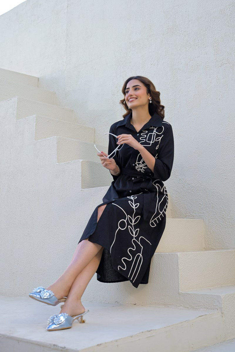 Black Abstract Appliqued Shirt Dress with Belt