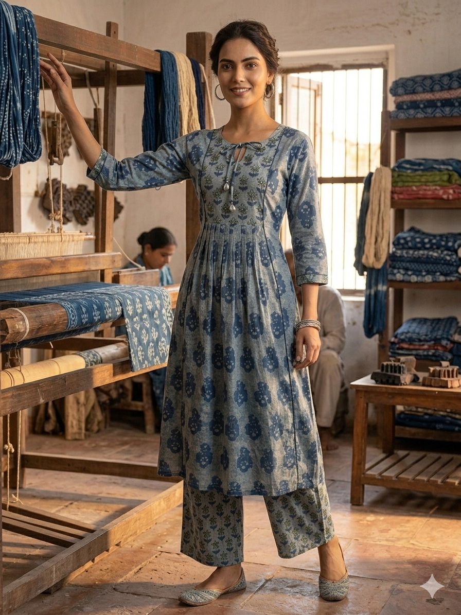 Elegant Indigo Printed Kurti with Palazzo Set (2-Piece Cotton Outfit)