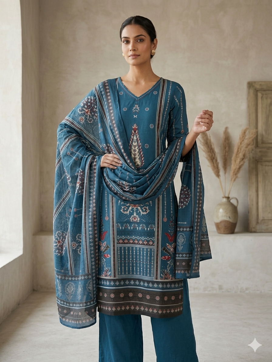Elegant Blue Printed Cotton 3 Piece Suit Set with Dupatta