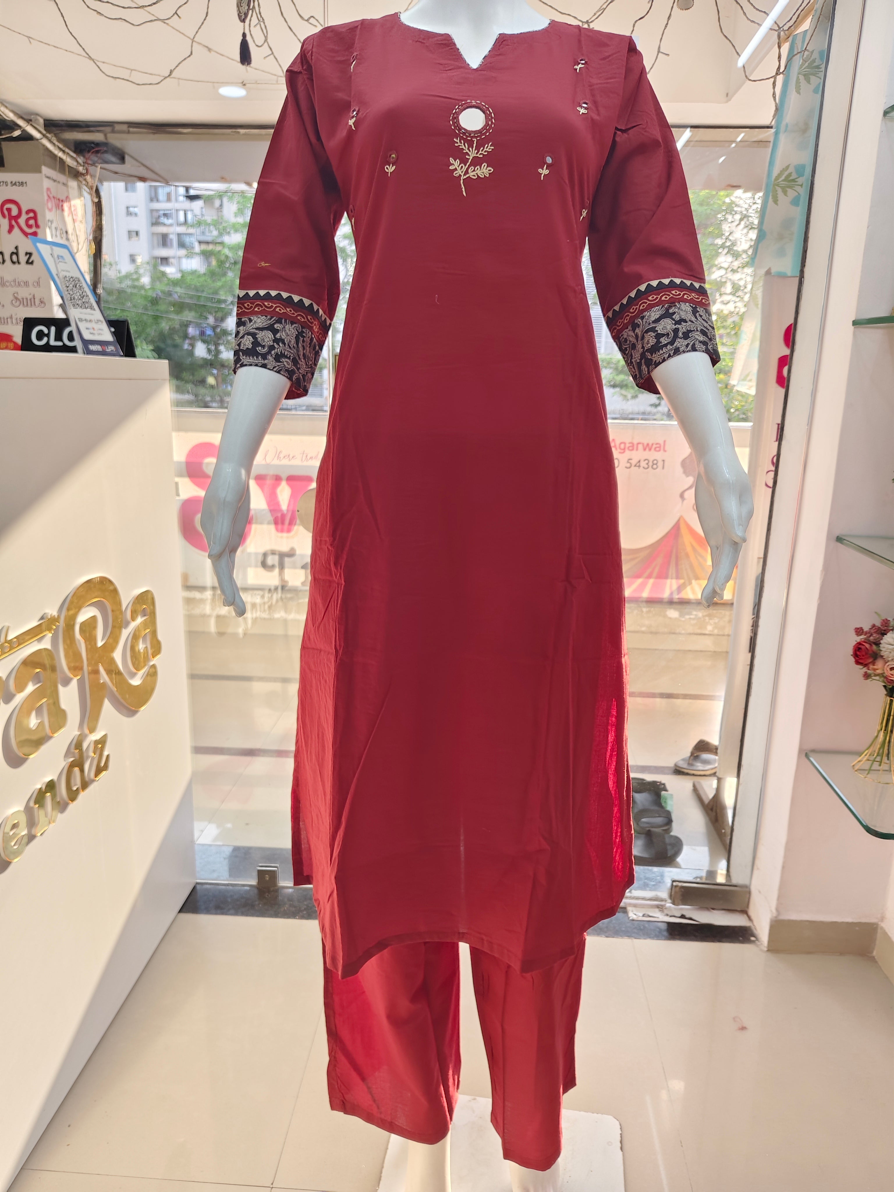 Maroon Embroidered Cotton Blend Kurta Pant Set for Women | Stylish 2 Piece Ethnic Wear