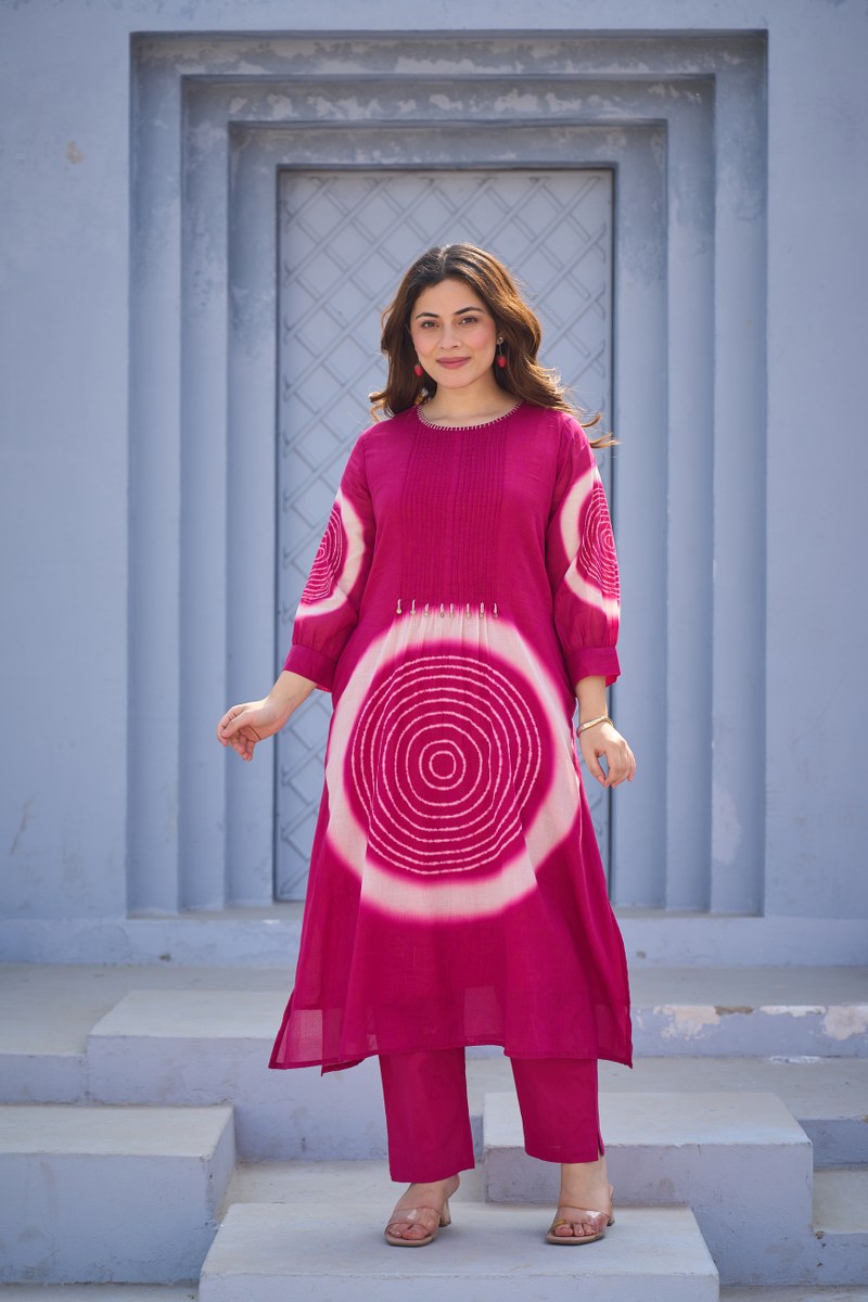 Pure Mul Royal Indigo Tie-Dye Pleated Kurta Set with both side pocket
