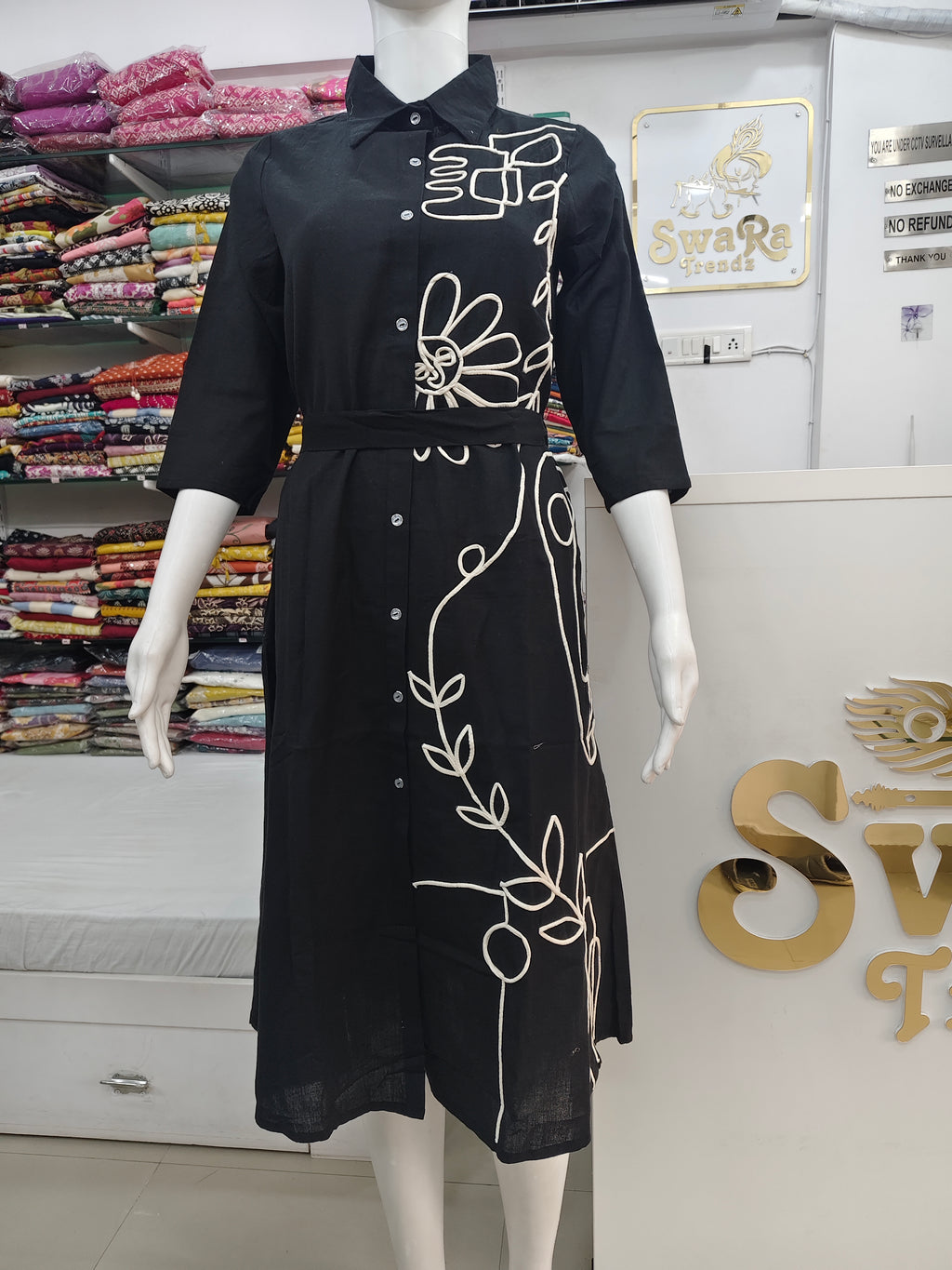 Black Abstract Appliqued Shirt Dress with Belt
