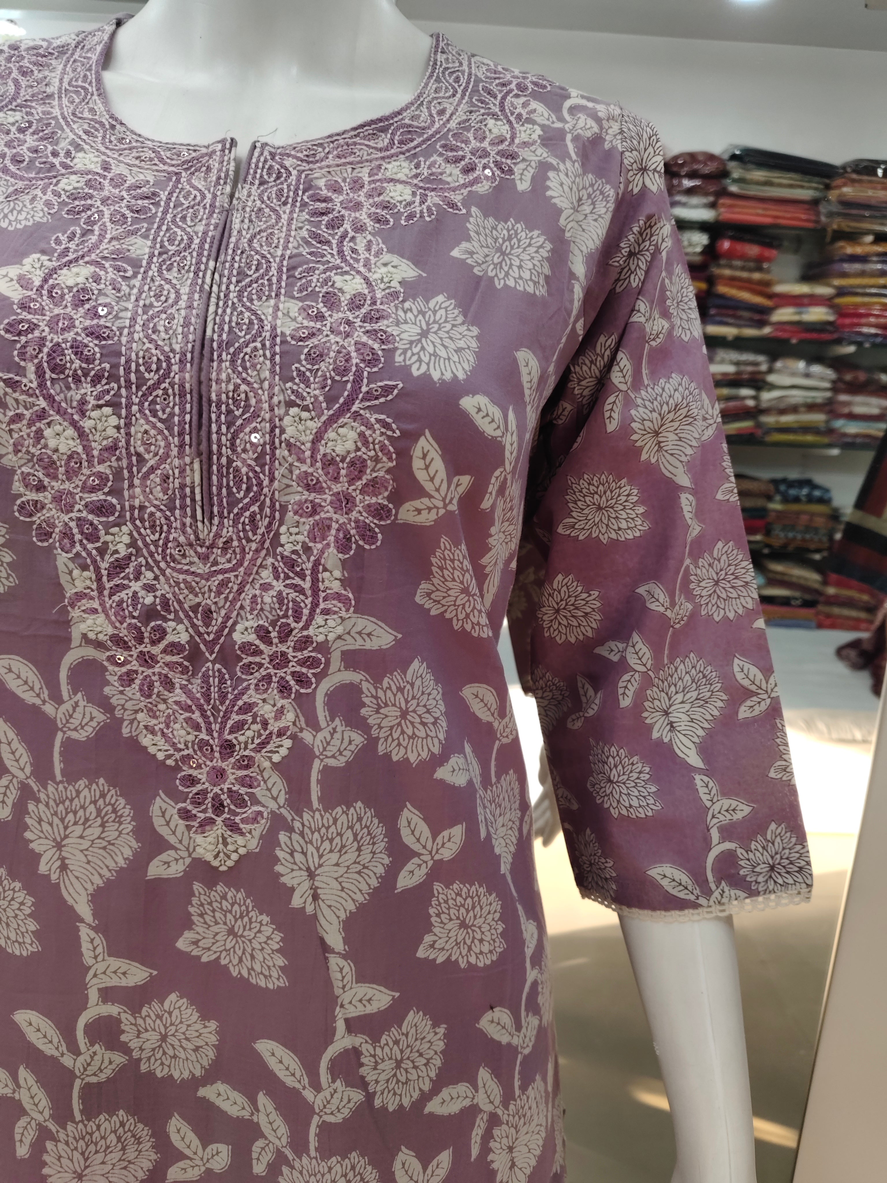 Lavender Floral Printed Cotton Kurta Set with Embroidered Neckline & Dupatta