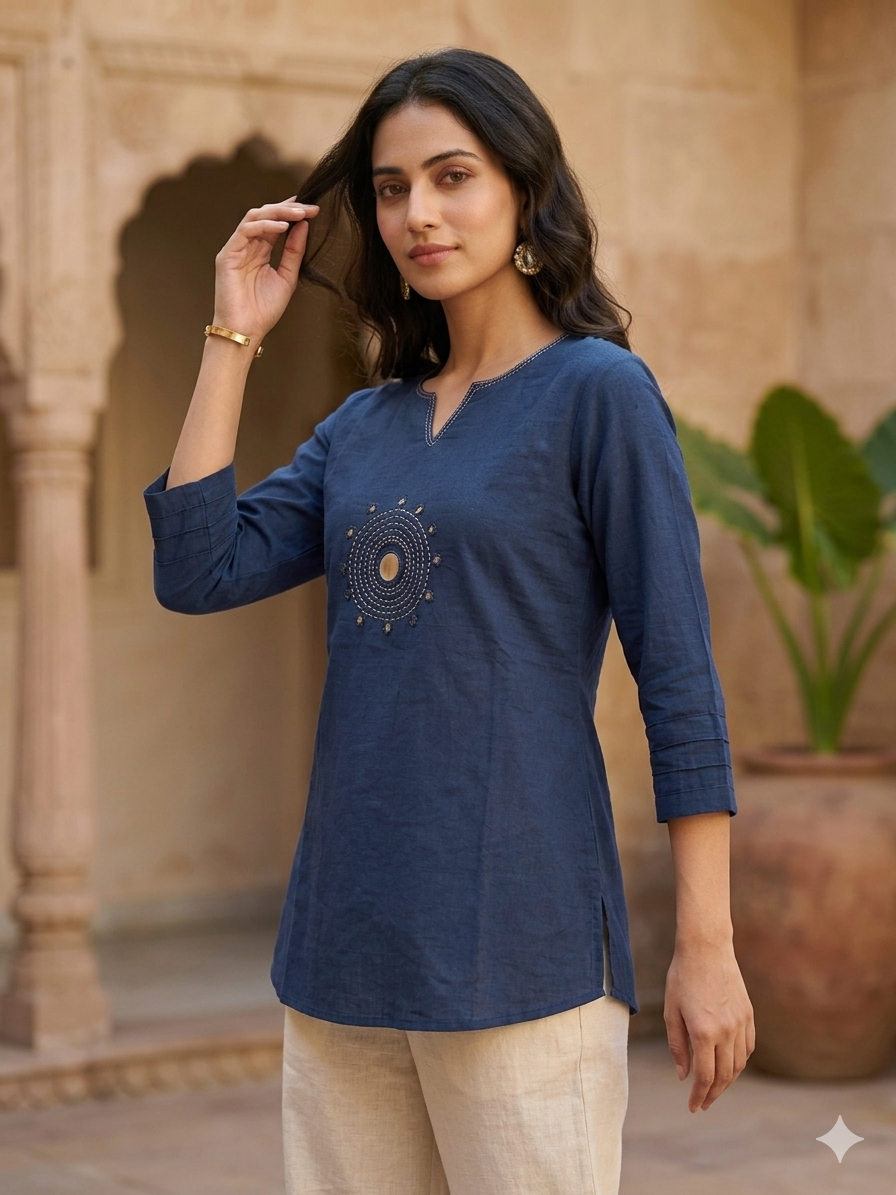 Navy Blue Short Top in Soft Cotton Flex – Elegant & Comfortable Daily Wear