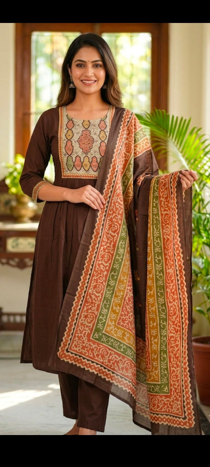 Elegant Brown Cotton Kurti Set with Printed Dupatta & Bottom