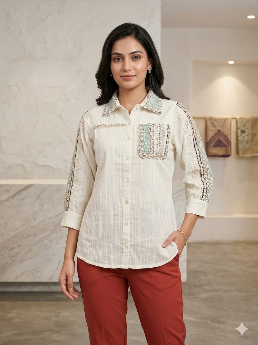 Elegant Pure Cotton Textured Short Top with Handcrafted Jute Lace Detailing