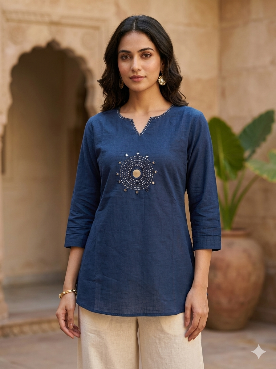 Navy Blue Short Top in Soft Cotton Flex – Elegant & Comfortable Daily Wear