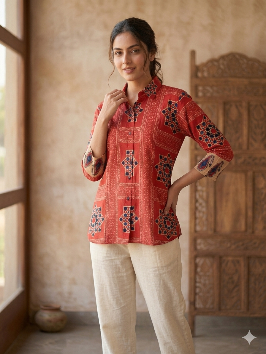 Stylish Red Viscose Printed Short Top with Shirt Collar & Designer Sleeves