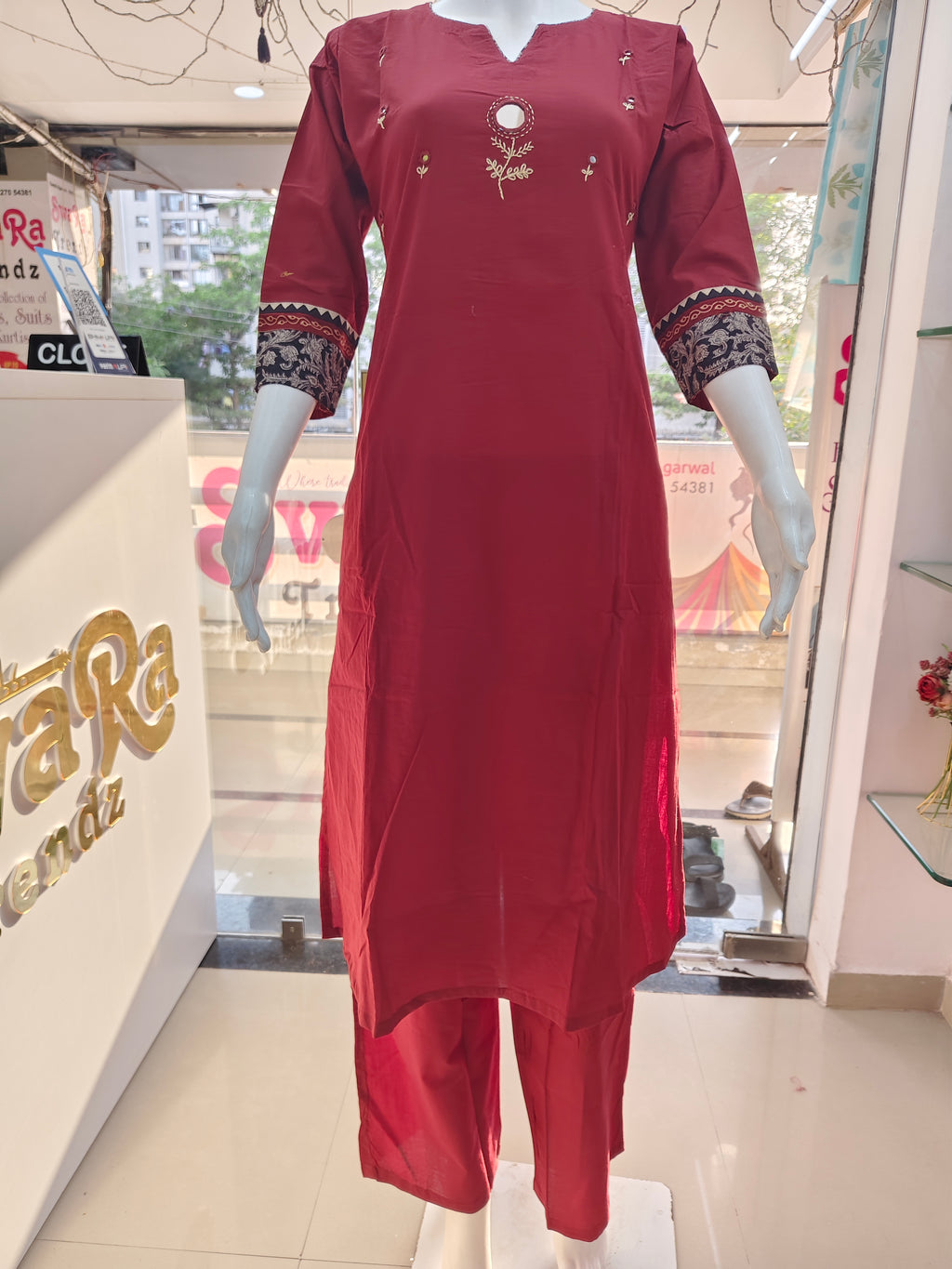 Maroon Embroidered Cotton Blend Kurta Pant Set for Women | Stylish 2 Piece Ethnic Wear