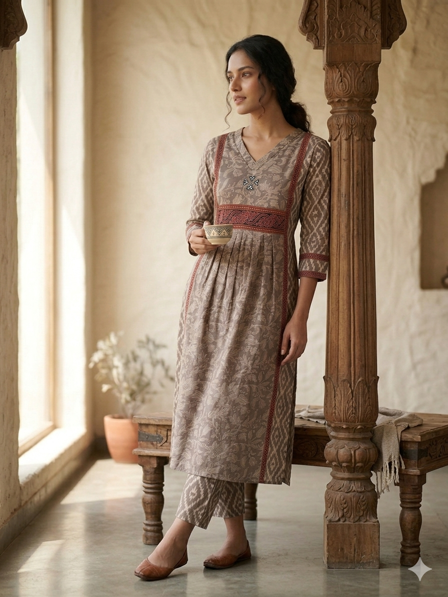 Elegant Floral Printed Cotton Kurta Pant Set for Women | Ethnic Casual Wear