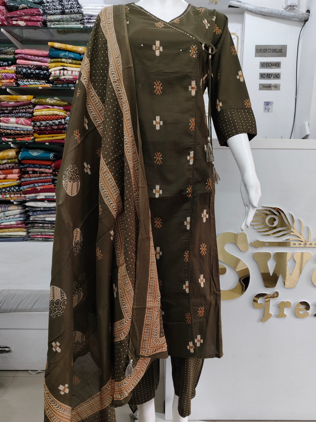Olive Green Handblock Printed Angrakha Cotton Kurta Set with Dupatta