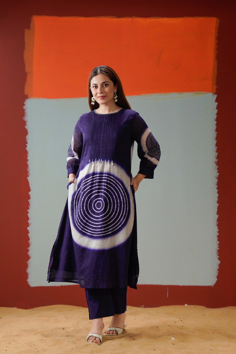 Pure Mul Royal Indigo Tie-Dye Pleated Kurta Set with both side pocket