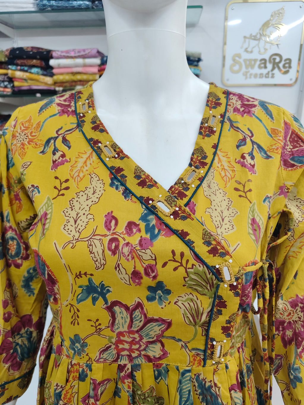Mustard Yellow Floral Cotton Kurti with Printed Pant (2-Piece Set)