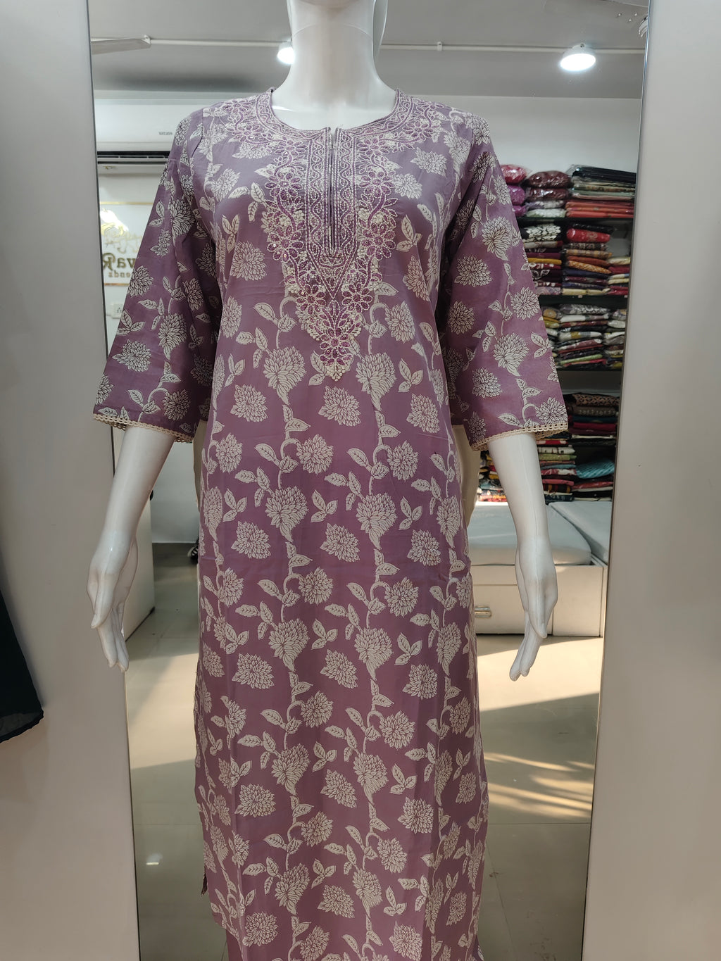 Lavender Floral Printed Cotton Kurta Set with Embroidered Neckline & Dupatta