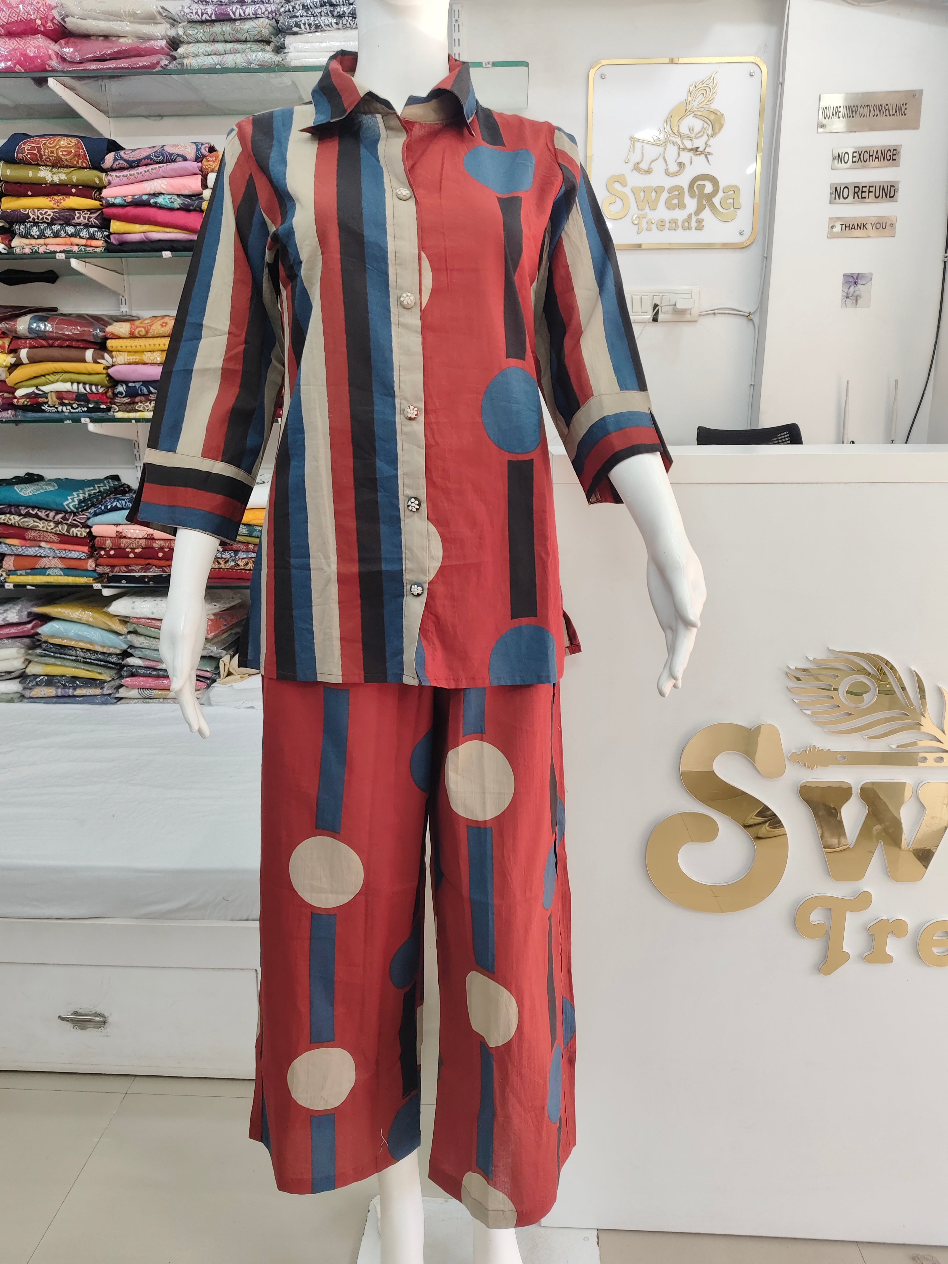 Rust Red Geometric Print Pure Cotton Co-Ord Set for Women